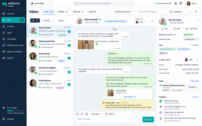 Merkivo Sender inbox with conversations, active chat and customer details